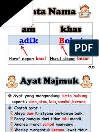 Kata nama khas mestilah ditulis dengan menggunakan huruf besar bagi huruf pertama setiap perkataan. Kata Nama Ayat Majmuk Ayat Tunggal