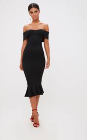 Black Bardot Frill Hem Midi Dress Dresses Bardot Frill Dress Midi Dress