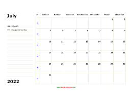 Free Download Printable July 2022 Calendar Large Box Holidays Listed Space For Notes