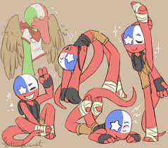 263330 - safe, artist:kittenfacecat, animal humanoid, bird, bird of prey,  eagle, fictional species, mammal, reptile, snake, humanoid, series: countryhumans, bandage, bandanna, bottomwear, brown background, chile,  clothes, duo, duo male, eyes closed ...