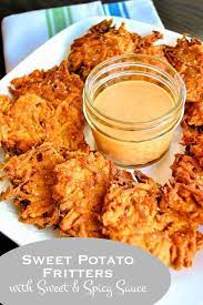 Sweet Potato Fritters Recipe Sweet Potato Fritters Potato Fritters Sweet And Spicy Sauce