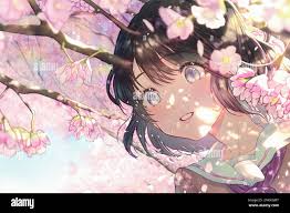 A beautiful drawing anime girl surrounded by the delicate branches of cherry  blossom trees. The sun is shining down, providing a warm and inviting Stock  Photo - Alamy