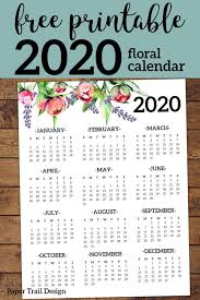 Free Printable 2020 Calendar Yearly One Page Floral Paper Trail Design In 2020 Planner Printables Free Yearly Calendar Free Printables