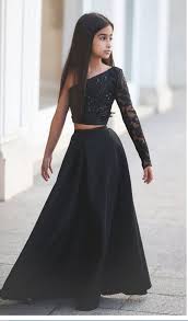 Two Piece Flower Girl Dresses One Shoulder Black Satin Communion Dresses Children Elegant Kids Prom Dresses Girls Formal Dresses Black Junior Bridesmaid Dress