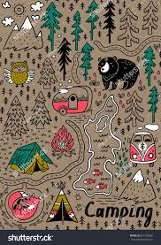 Funny Map Seamless Pattern With Nature Landscape Camping And Cute Animals In The Forest Hand Hand Drawn Vector Illustrations Illustrated Map Camping Drawing