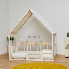 Montessori House Bed With Organic Cotton Canopy Toddler Bed Twin Bed Baby Furniture Scandi Design Hausbett Lit Cabane Montessori Bed Toddler Bed Frame Toddler Bed Tent House Beds