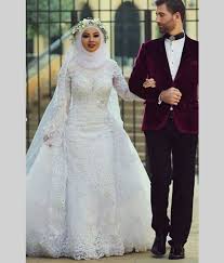 Click To Buy Muslim White Wedding Dresses With Long Sleeves High Neck Saudi Arabia Lace Abay Modest Bridal Gowns Bridal Gowns Vintage Elegant Bridal Gown