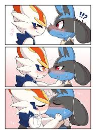 239840 - safe, artist:acky05_wolf, cinderace, fictional species, lucario,  mammal, anthro, nintendo, pokémon, blue body, blue fur, blushing, duo, eyes  closed, female, fur, kissing, looking at each other, male, malefemale, red  eyes, smiling,