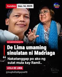 DE LIMA UMAMING SINULATAN SYA NI RAMIL Inamin ni Mamamayang Liberal  Party-list Rep. Leila de Lima na siya ay personal na sinulatan ni Ramil  Madriaga — ang lalaking naglabas ng kwestyonableng affidavit