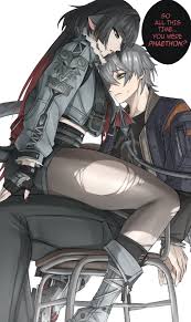 cluhob, jane doe (zenless zone zero), wise (zenless zone zero), zenless  zone zero, absurdres, highres, 1boy, 1girl, animal ears, black shorts,  fur-trimmed jacket, fur trim, green jacket, grey hair, high-waist shorts,  jacket,