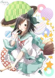 pentagon (railgun ky1206), tachibana suzuha, open beta (vtuber), chocolate  donut, highres, 1girl, brown eyes, brown hair, donut, flower, food, green  ribbon, long hair, looking at viewer, ribbon, sailor collar, school  uniform, serafuku,