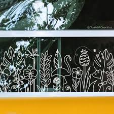Zomer Bloementuin Met Flamingo Raamtekening Fenster Kunst Fensterfarbe Sommerblumen