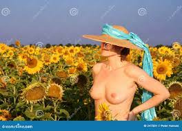 Nude in Sunflower Field with Hat Stock Image - Image of breast, blue: 247501