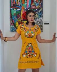 Las Flores Mexican Embroidered Dress Yellow In 2020 Mexican Style Dresses Mexican Clothing Style Mexican Embroidered Dress