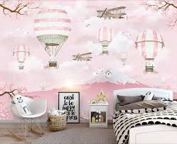 Cartoon Bear Pink And Rose Hot Air Balloons Wall Murals For Girls Bedroom Pink Mountain Background T Girls Room Wallpaper Nursery Wall Decor Boy Kids Room Wall