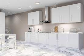 They make use of stools in this particular kitchen, and it's as vibrant as any white kitchen space could be. Corner Of Stylish Kitchen With Beige Walls Marble Floor White Stock Photo Picture And Royalty Free Image Image 116997900