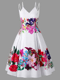 Gamiss Plus Size Floral Double Straps Swing Dress Sleeveless Dress Retro Vintage Hepburn Dresses Spaghetti Strap Party Vestidos