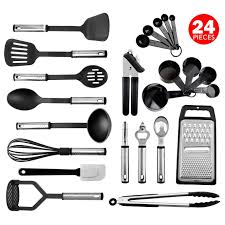 This set includes 12″ tongs, grater, peeler, flexible turner, square turner, spoon, slotted spoon, ice cream scoop, potato masher, can opener, 11″ balloon whisk, spatula, meat tenderizer, and 4″ pizza wheel. Kaluns Kitchen Utensil Sets Cooking Baking Supplies Non Stick And Heat Resistant Cookware Set