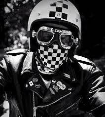 Vintage Rocker Checkered Goggles And Helmet Cafe Racer Helmet Vintage Cafe Racer Cafe Racer Bikes