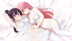 red eyes, on bed, thighhighs, multiple girls, underwear only - Anime R34