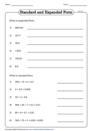 Decimals In Standard And Expanded Form Worksheets