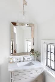 Herman modern & contemporary beveled bathroom / vanity mirror. Light Gray Wooden Washstand With Beveled Mirror Transitional Bathroom