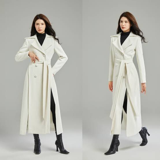 White Wool Blend Coat, Long Belted Winter Coat, Ylistyle C2997