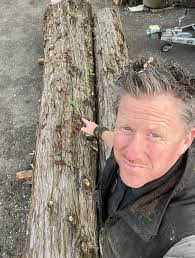 Massive Redwood tree from the client's garden Set aside for 4 years  Repurposed and turned into a huge Wizard Vertically positioned logs, shaped  and sculpted to maximise the scale. The bark was