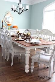 Love The Aqua Wall Color In This Light And Bright Fall Home Tour And That Farm Table 47 Epi Dining Room Wall Color Dining Room Colors Bright Dining Rooms