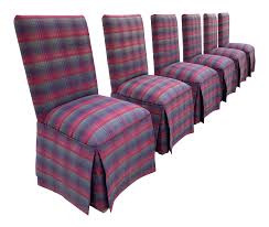 Offering a homey button tufting for an inviting accent not to mention cozy fabric upholstery this set of two armless parsons chairs comes in a range features: Set Of 6 Plaid Upholstered Parsons Style Skirted Dining Chairs Chairish