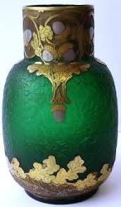 Francois Theodore Legras 1839 1916 Signe Montjoye Vase En Verre Givre A Decor De Feuilles De Chene Et Glands Dores Haute Art Du Verre Vase Vert Vase Verre