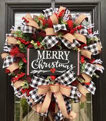 Christmas Wreath Buffalo Check Wreath Buffalo Plaid Wreath Etsy Christmas Door Decorations Christmas Decorations Rustic