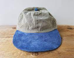 Vintage 90s Suede Bill Strapback Blank Hat Two Toned Beige Blue Baseball Dad Cap Minimal Plain Deadstock Ajm Headwear Ballcap Suede Genuine Suede Ball Cap