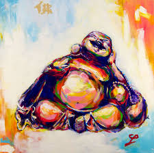 Happy Buddha Acrylic Painting Sunrise Sunset Contentment By The Artist Mark F Phi Acrylic Paint On 36x36 Inch Canvas 2014 See Art Buddha Painting Buddha Art