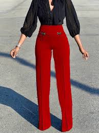Elegant High Waist Pure Colour Straight Pants Ebuytide High Waisted Pants Outfit Red Pants Outfit Red High Waisted Pants