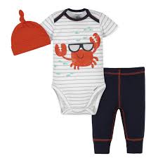 3 Piece Baby Boys Crab Bodysuit Pants Cap Set Gerber Childrenswear