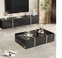 Conjunto moderno de armário de TV e mesa de centro - 170 x 35 x 46 cm + 100  x 60 x 41,5 cm - Madeira MDF e pernas douradas - Preto brilhante