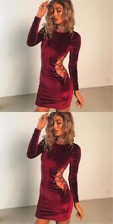 Sheath Round Neck Long Sleeves Burgundy Velvet Cocktail Dress Dresses Womens Cocktail Dresses Homecoming Dresses