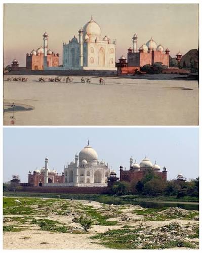 Taj Mahal, Then and Now. Agra, Uttar Pradesh, India • The first image is a painting by Japanese artist Hiroshi Yoshida, who visited India in the early 20th century. His painting captures