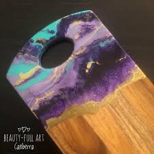 Beauty Full Art Canberra On Instagram This Cheeseboard Is A Striking Combination Of Turquoise Purples Resin Art Painting Resin Crafts Fluid Acrylic Painting