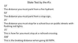 Search parking regulations map (nycdotsigns.net) parking regulations street sign legend (pdf) parking tickets State Test By The S 10 The Distance You Must Park From A Fire Hydrant 50 The Distance You Must Park From A Stop Sign 25 The Distance You Must Stop