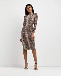 Brown Snake Print Bodycon Midi Dress River Island