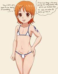 hallowchap, nami (one piece), one piece, highres, 1girl, aged down,  breasts, female focus, loli, swimsuit, text focus - Image View - | Gelbooru  - Free Anime and Hentai Gallery