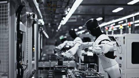 Mobile humanoid on an active production line, AI generated