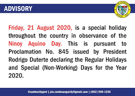 It commemorates his assassination which took place on august 21, 1983. Friday 21 August 2020 Is City Government Of Zamboanga Facebook