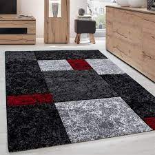 Kurzflor wohnzimmerteppich teppich muster karo kachel grau schwarz rot meliert, grösse:160x230 cm. Designer Teppich Modern Kariert Muster Meliert Konturenschnitt Schwarz Grau Weiss Rot