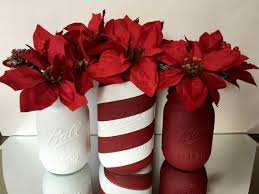 Set Of 3 Red And White Mason Jars Flower Vase Christmas Decoration Holiday Decor Poinsettias Wed Christmas Mason Jars Christmas Centerpieces Christmas Diy