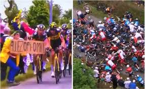 The tour de france descended into chaos saturday after a careless fan caused a massive crash at the event when their sign hit one of the riders. 3 Heoqt7avsk7m