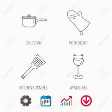 Saucepan Potholder And Wineglass Icons Kitchen Utensils Linear