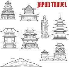 Chinese, asian landscape traditional house. Japan Travel Landmarks Thin Line Icons Stock Vector Colourbox